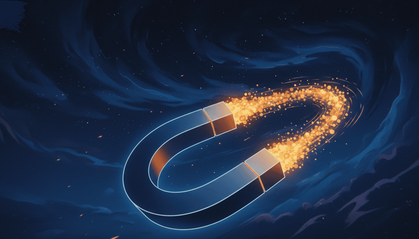 Stylized cinematic illustration of a large magnet drawing glowing orbs back toward a central point against a deep blue starry sky