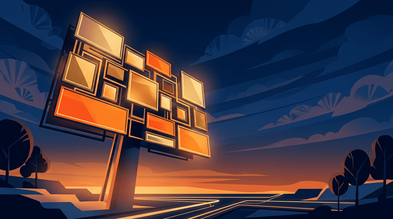 AI creative tools for paid ads - stylized billboard display representing ad creative automation