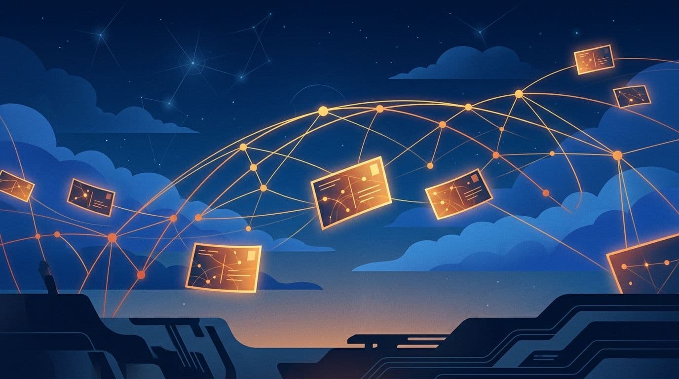Abstract digital network with glowing connected nodes representing LinkedIn content distribution — best AI tools for LinkedIn content 2026