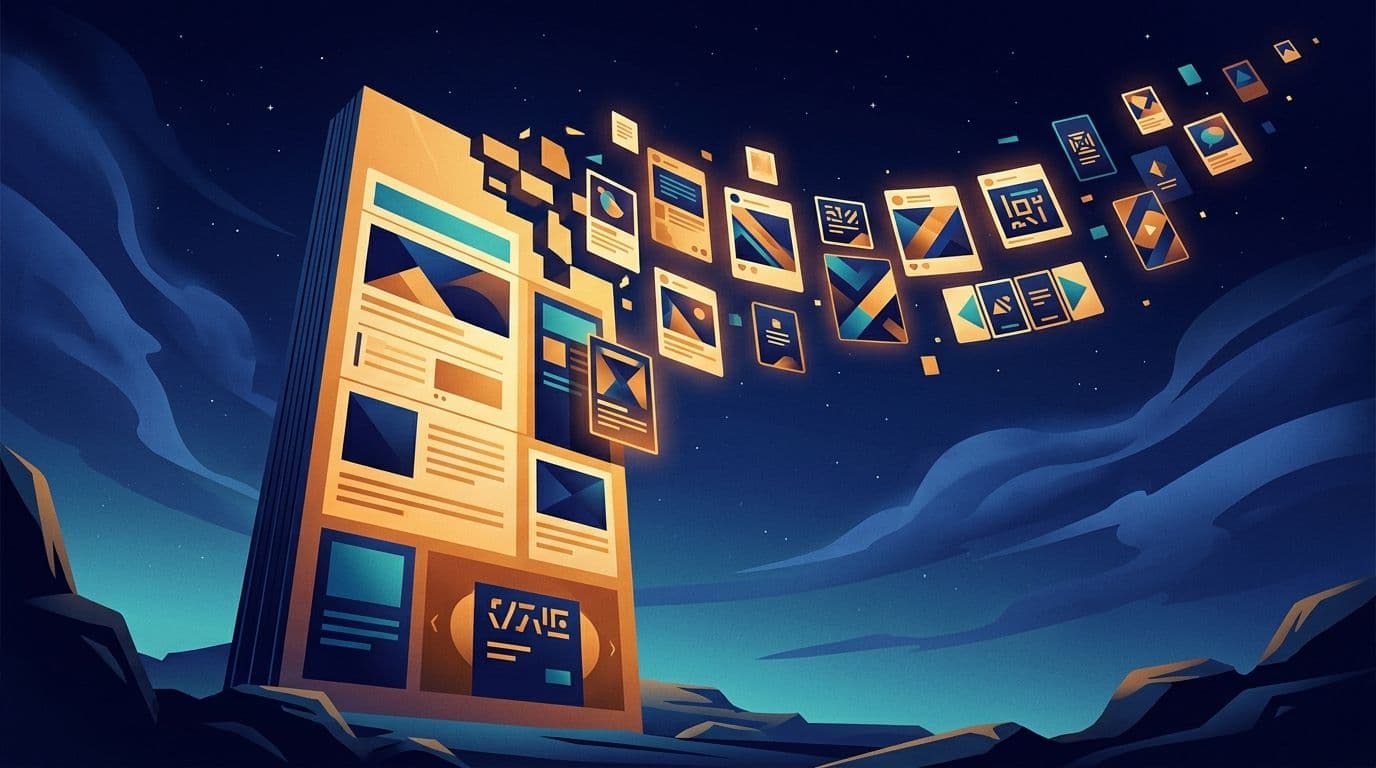 A blog document transforming into multiple LinkedIn carousel slides and social media posts, illustrated in deep blue and amber