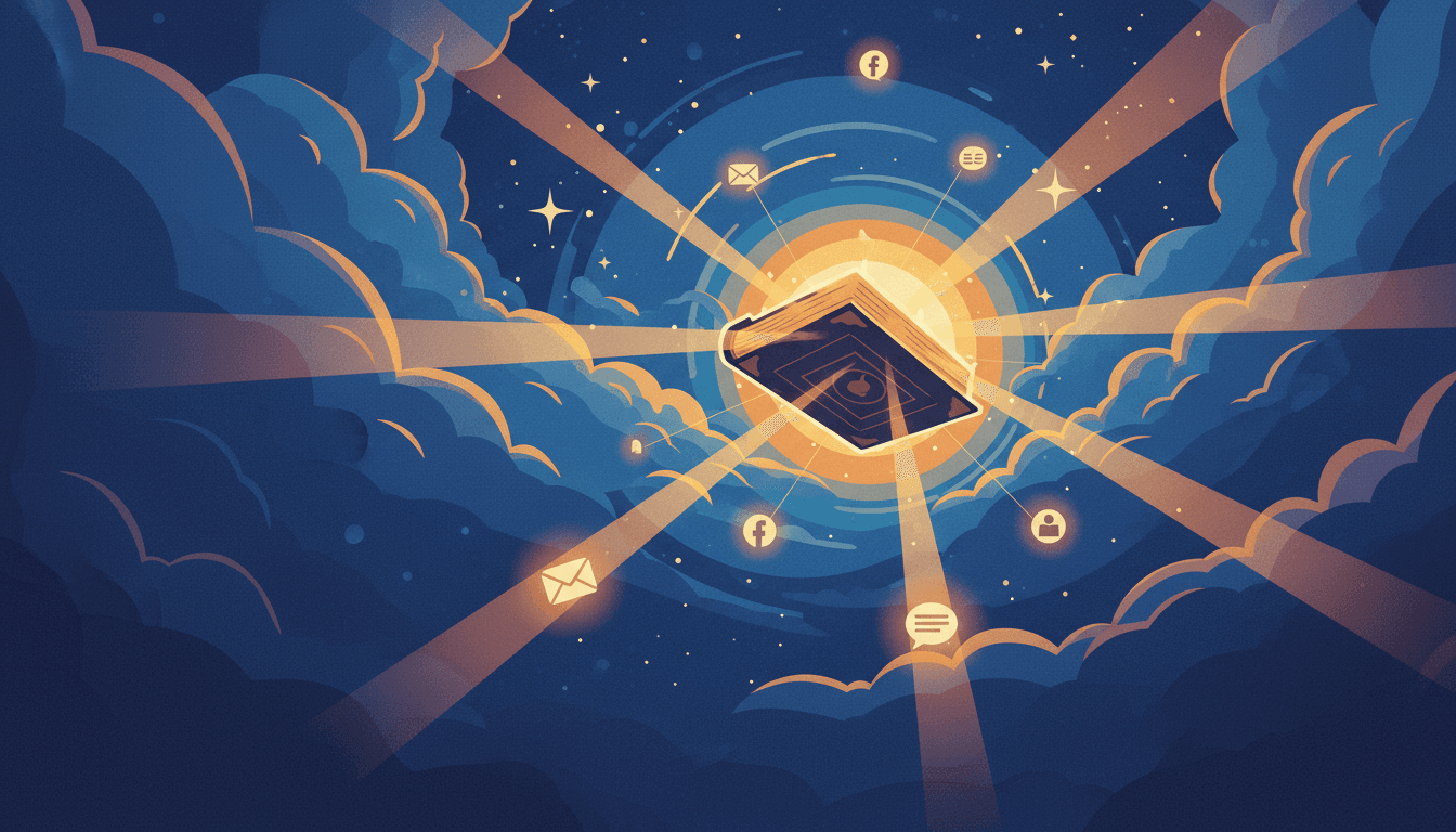 A giant glowing book radiating light beams across a deep blue starlit sky with amber accents, symbolizing AI-powered content distribution at scale