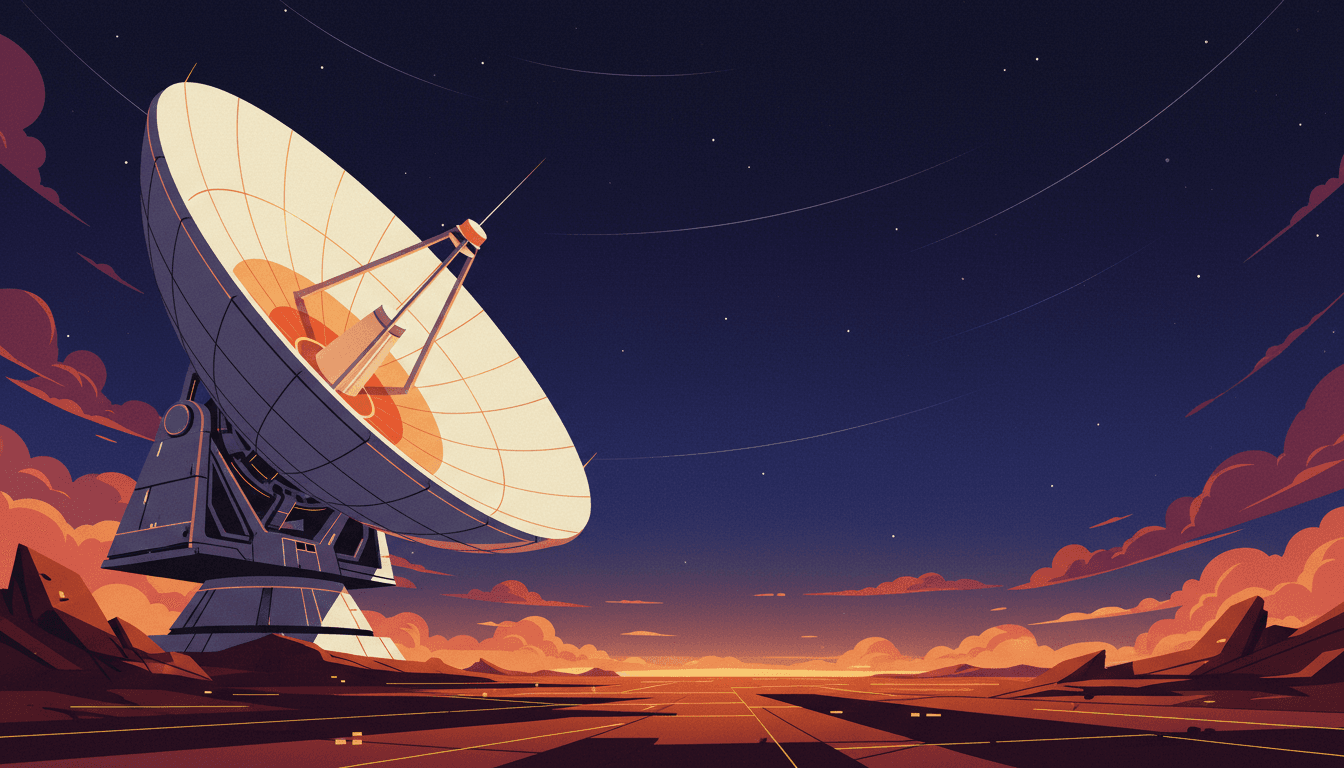 Stylized radar dish scanning the horizon at night representing AI competitive intelligence for startups