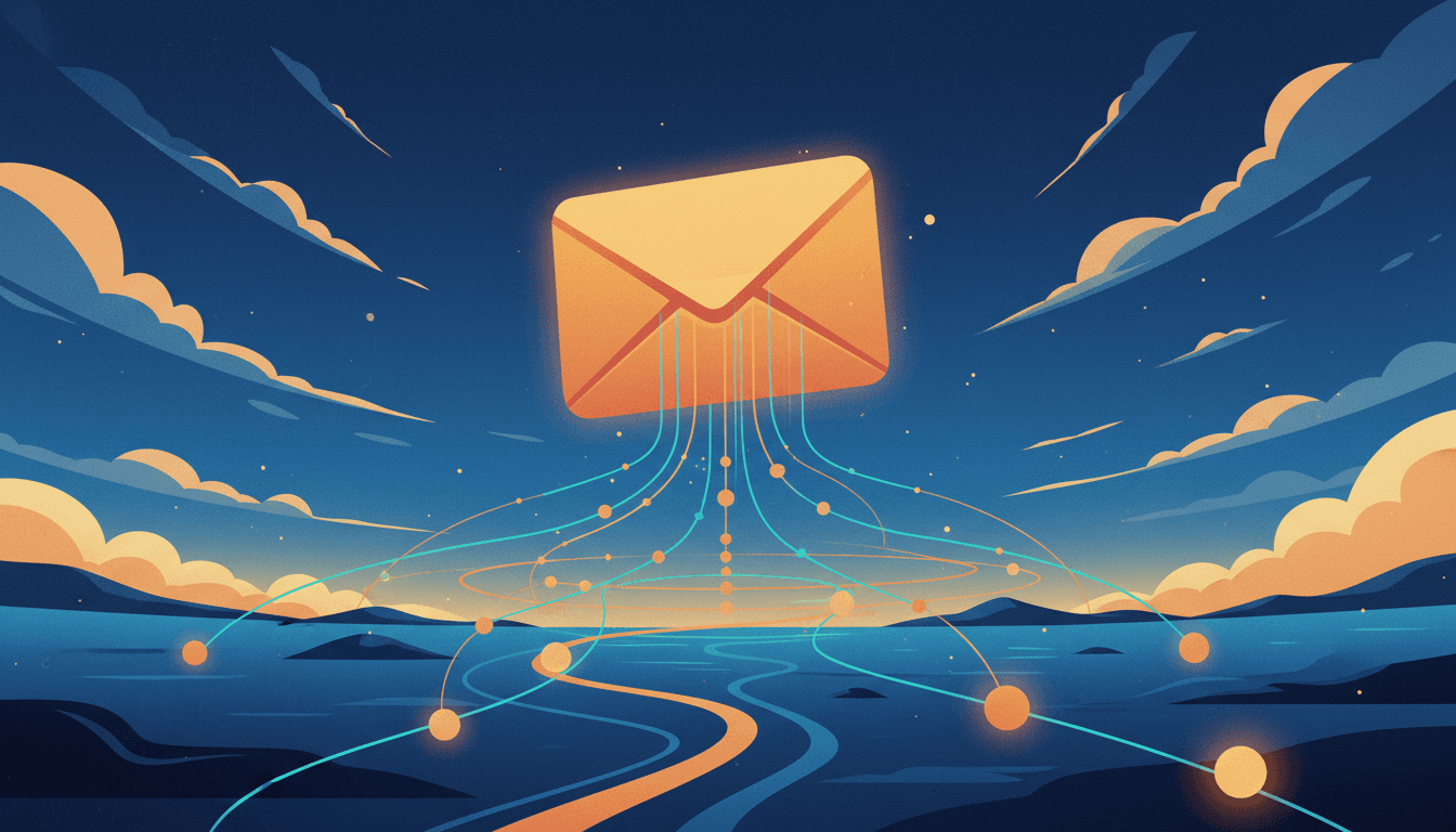 A giant glowing email envelope floating in the sky connected to a network of glowing nodes, representing an AI-powered drip campaign sequence