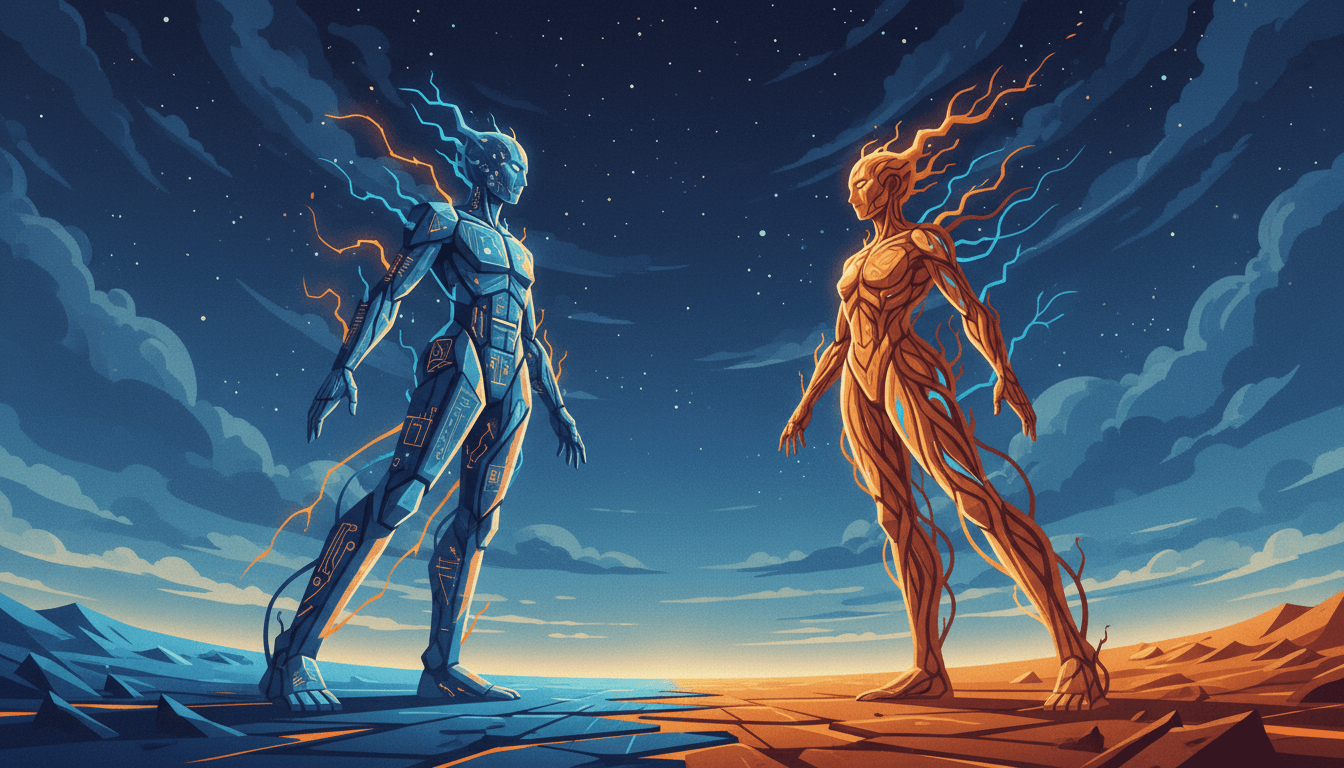 Abstract cinematic illustration of AI and human figures facing each other representing the AI SDR vs human SDR comparison