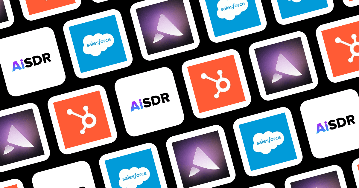 Logos for Artisan, HubSpot, Topo, AiSDR, and Salesforce representing AI SDR tools and their CRM integrations