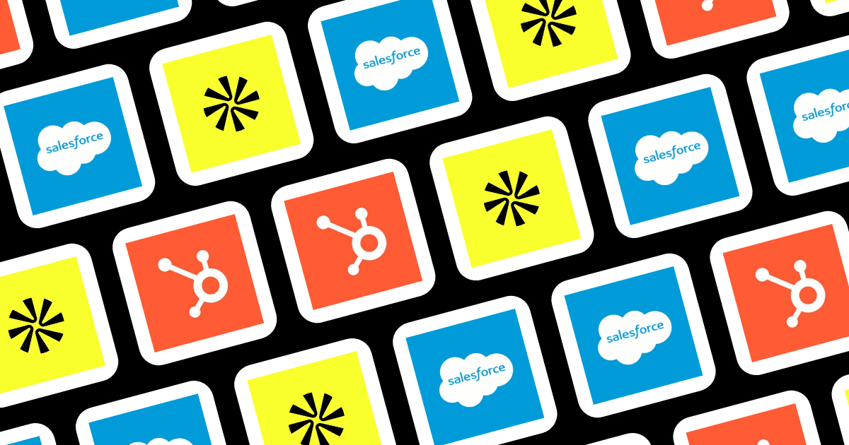 Icon grid of B2B lead management tools: HubSpot, Salesforce, Apollo, and Pipedrive