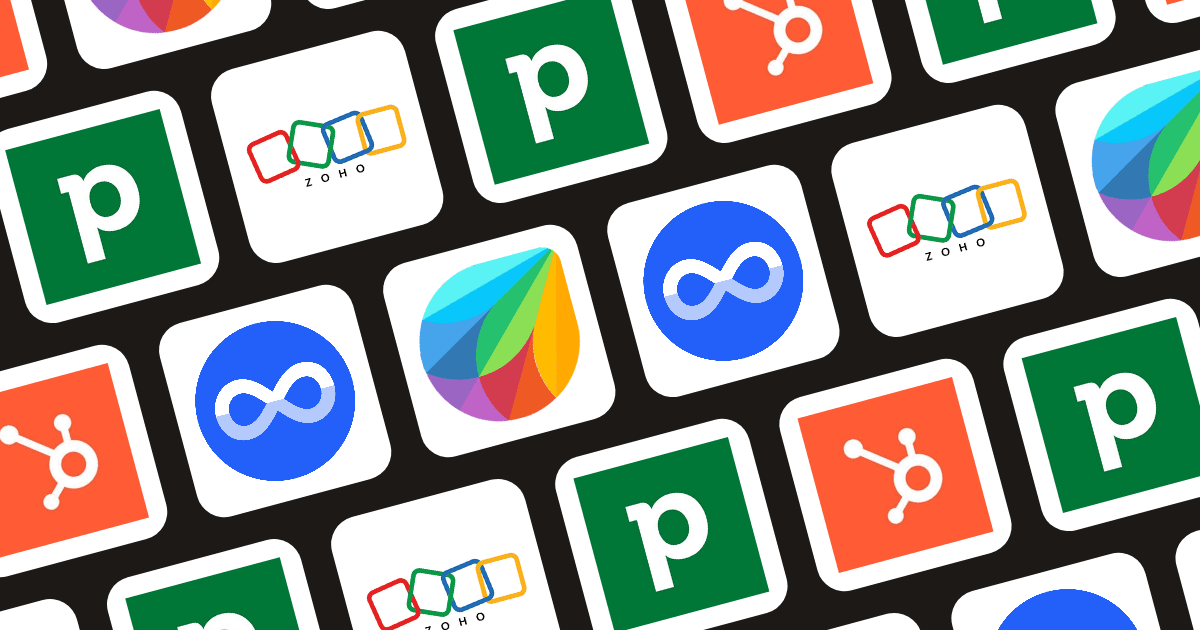 Logos of leading CRM platforms for small business, including Pipedrive, HubSpot, Zoho, Freshsales, and Miniloop