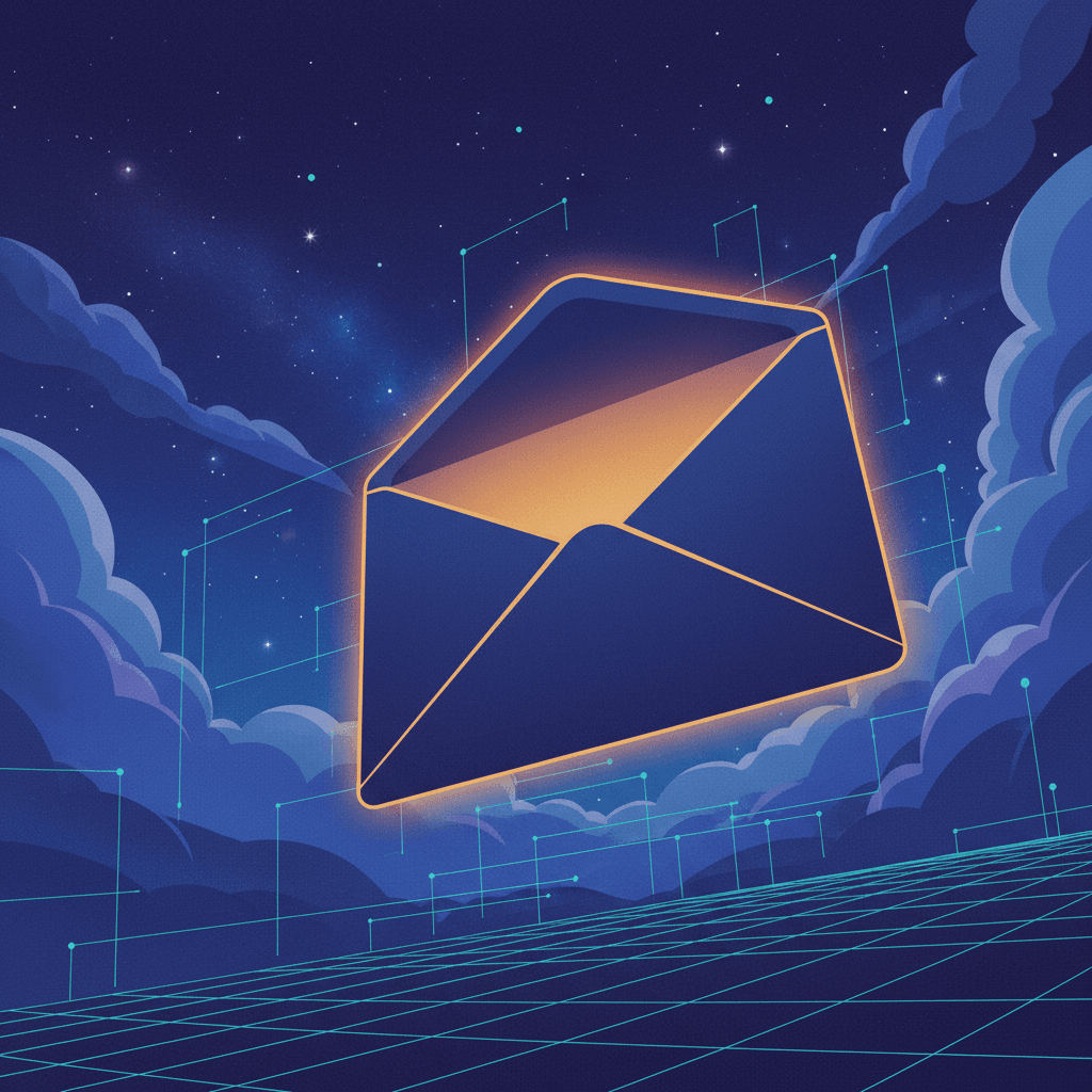 A giant glowing envelope flying through a deep blue night sky, symbolising cold email deliverability and inbox placement