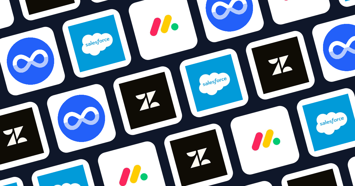 Icon grid showing Salesforce, monday.com, Zendesk, and Miniloop logos alongside CRM database graphics