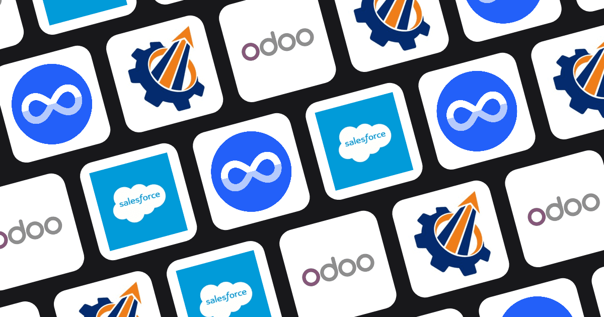 Logos of CRM software providers including Odoo, Salesforce, and Softomate Solutions