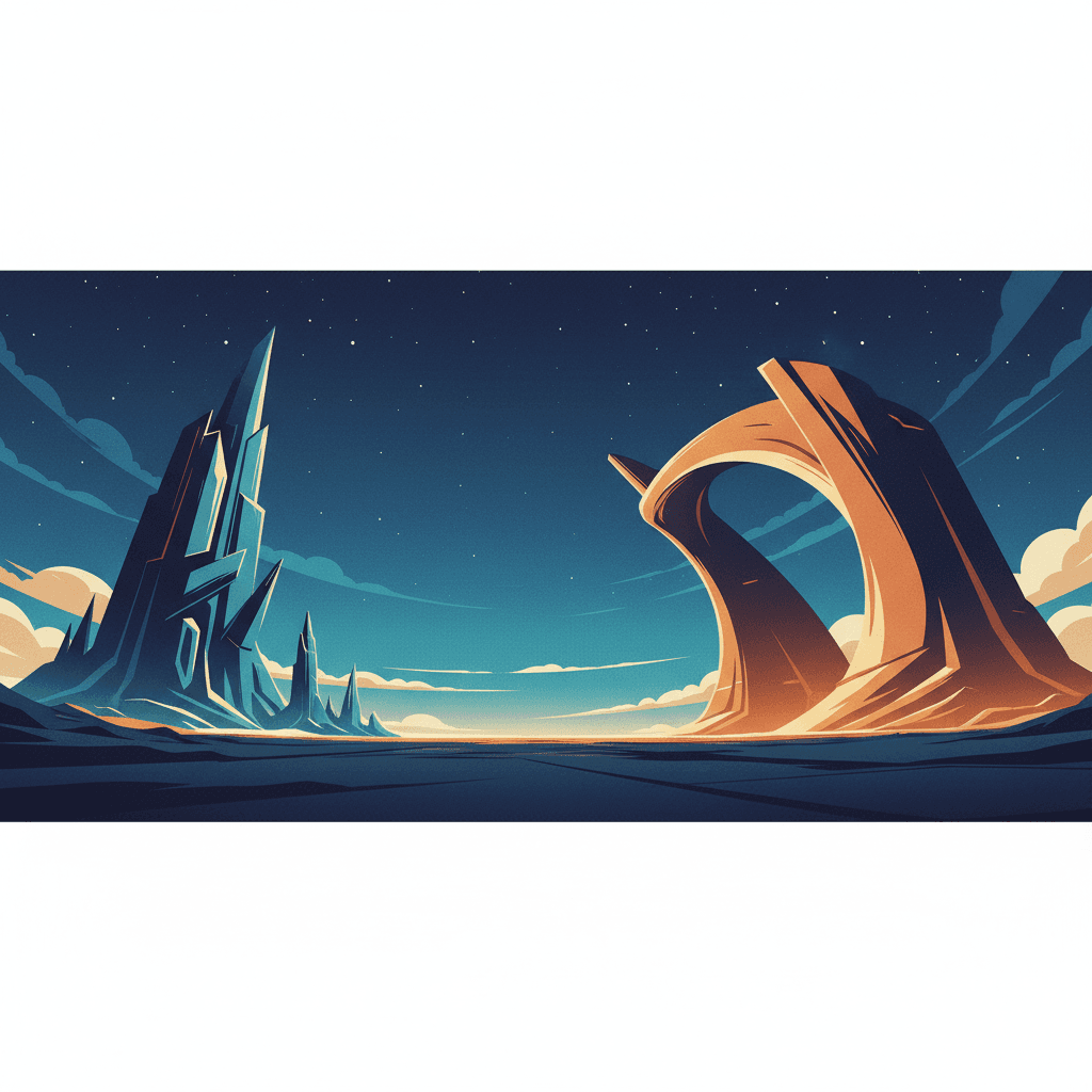 Abstract cinematic illustration comparing two competing ad platforms with deep blue and amber geometric forms on a dramatic horizon