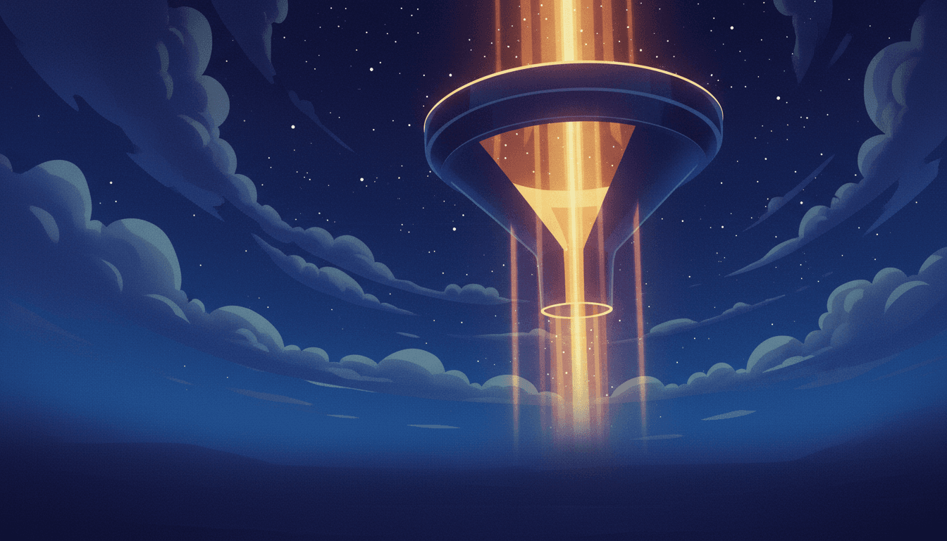A giant glowing funnel suspended in a deep blue starlit sky with amber light streams flowing through it, symbolizing automated lead qualification