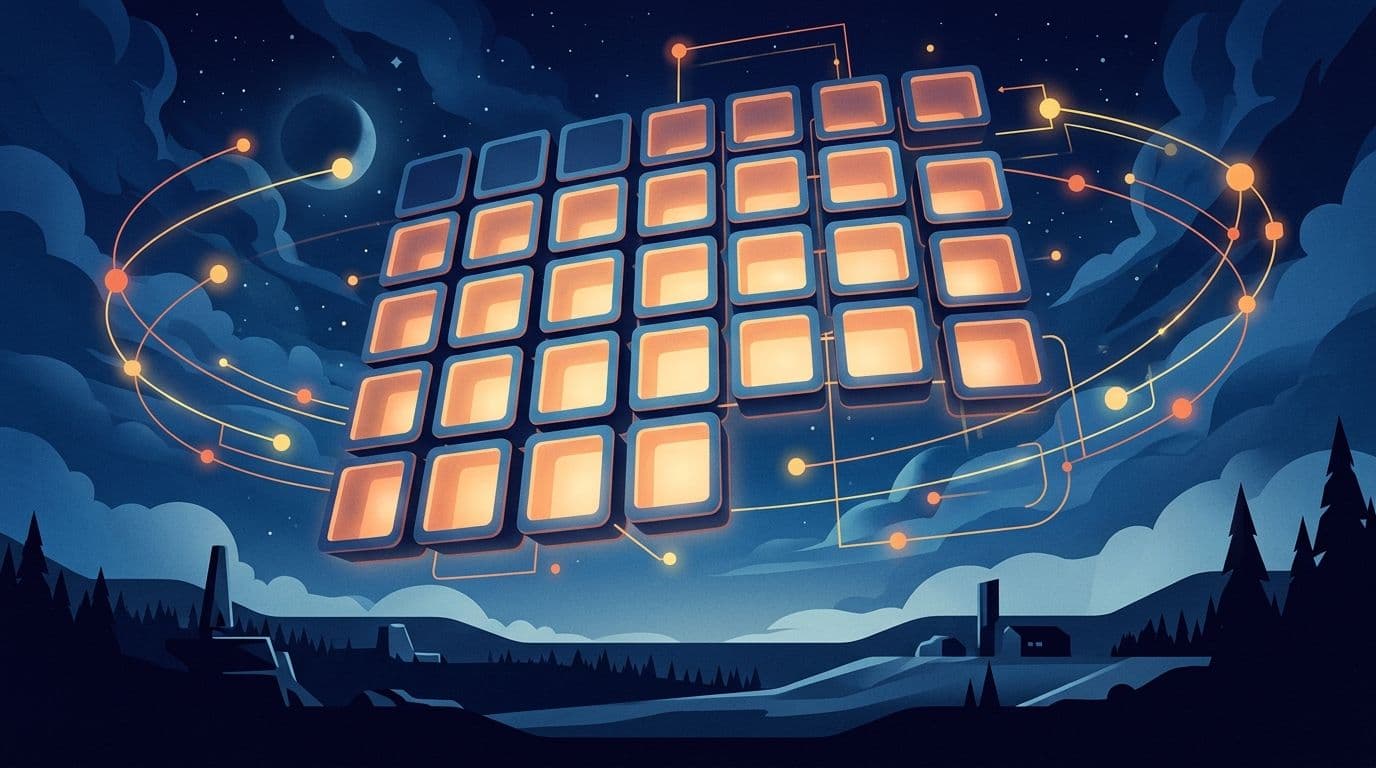 AI-powered content calendar glowing above a dark landscape, cinematic illustration in deep blues and amber