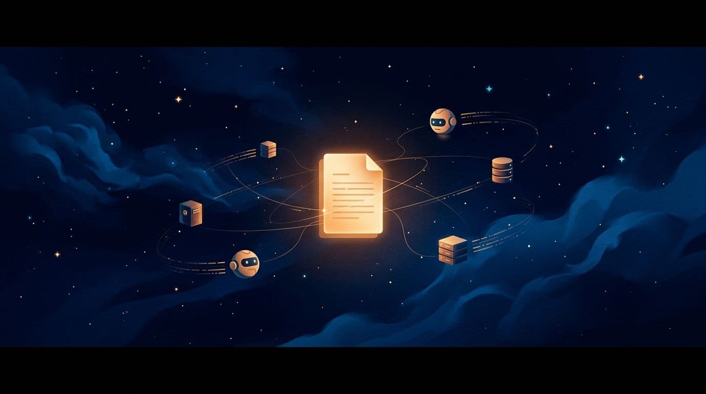 Glowing document file icon floating in a deep blue starry sky with amber data streams connecting to AI nodes — illustrating llms.txt for AI crawlers
