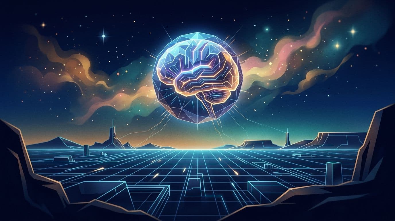 Abstract AI neural network orb floating above a glowing digital landscape in deep blue and amber tones