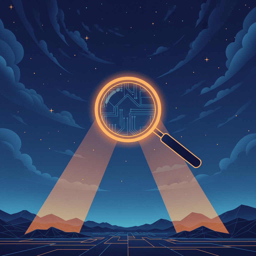 Glowing magnifying glass with AI circuit patterns hovering over a digital landscape, representing Google AI Overviews optimization