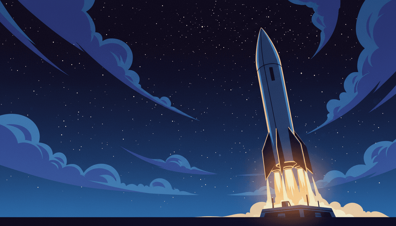 A massive rocket launching from a small launchpad against a deep blue starlit sky with warm amber accents, symbolizing scaling outbound sales without adding headcount
