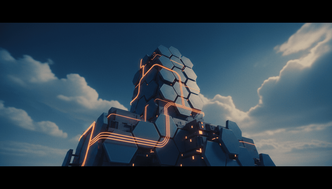 Modular network of glowing hexagonal tiles representing a layered AI startup tool stack
