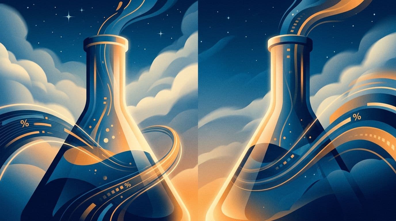 LinkedIn Ads A/B testing illustration showing two glowing test beakers side by side representing split testing