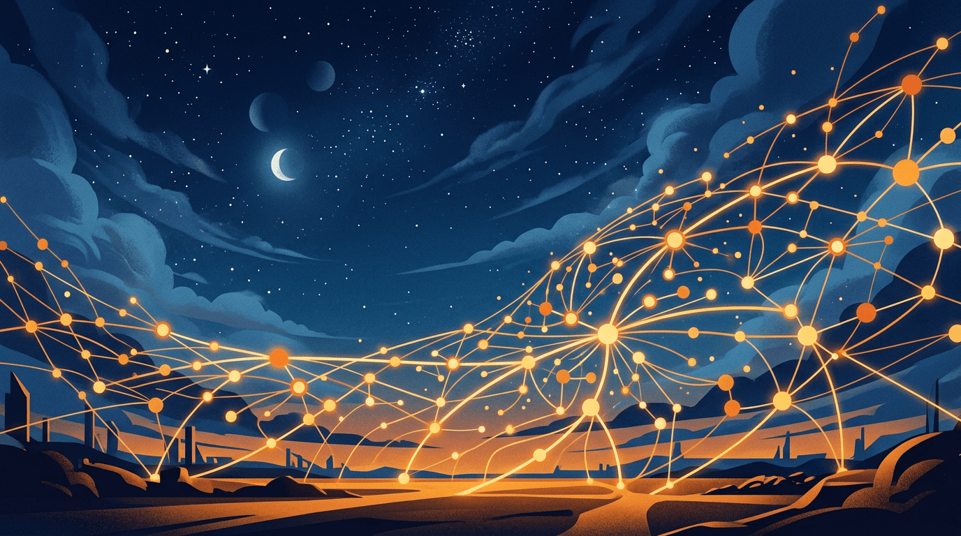 LinkedIn content marketing network illustration — glowing nodes and connections on deep blue background
