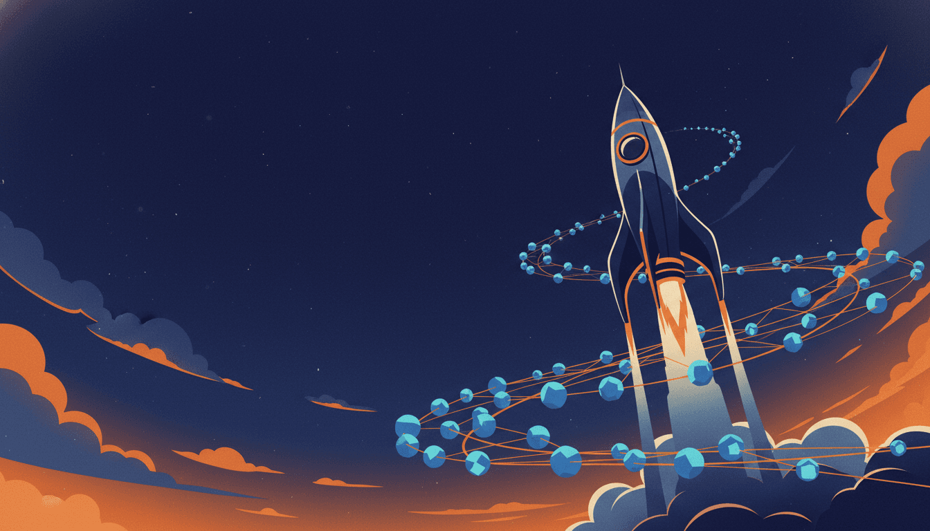 Abstract cinematic illustration of a rocket launching upward trailing data connection nodes, deep navy blues and amber orange, blog header for outbound sales automation