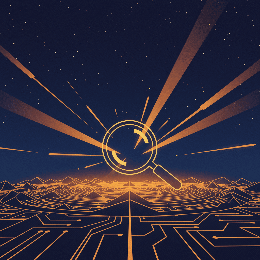 Stylized cinematic illustration of a giant glowing search lens over a dark digital landscape, representing Perplexity AI search and citation optimization