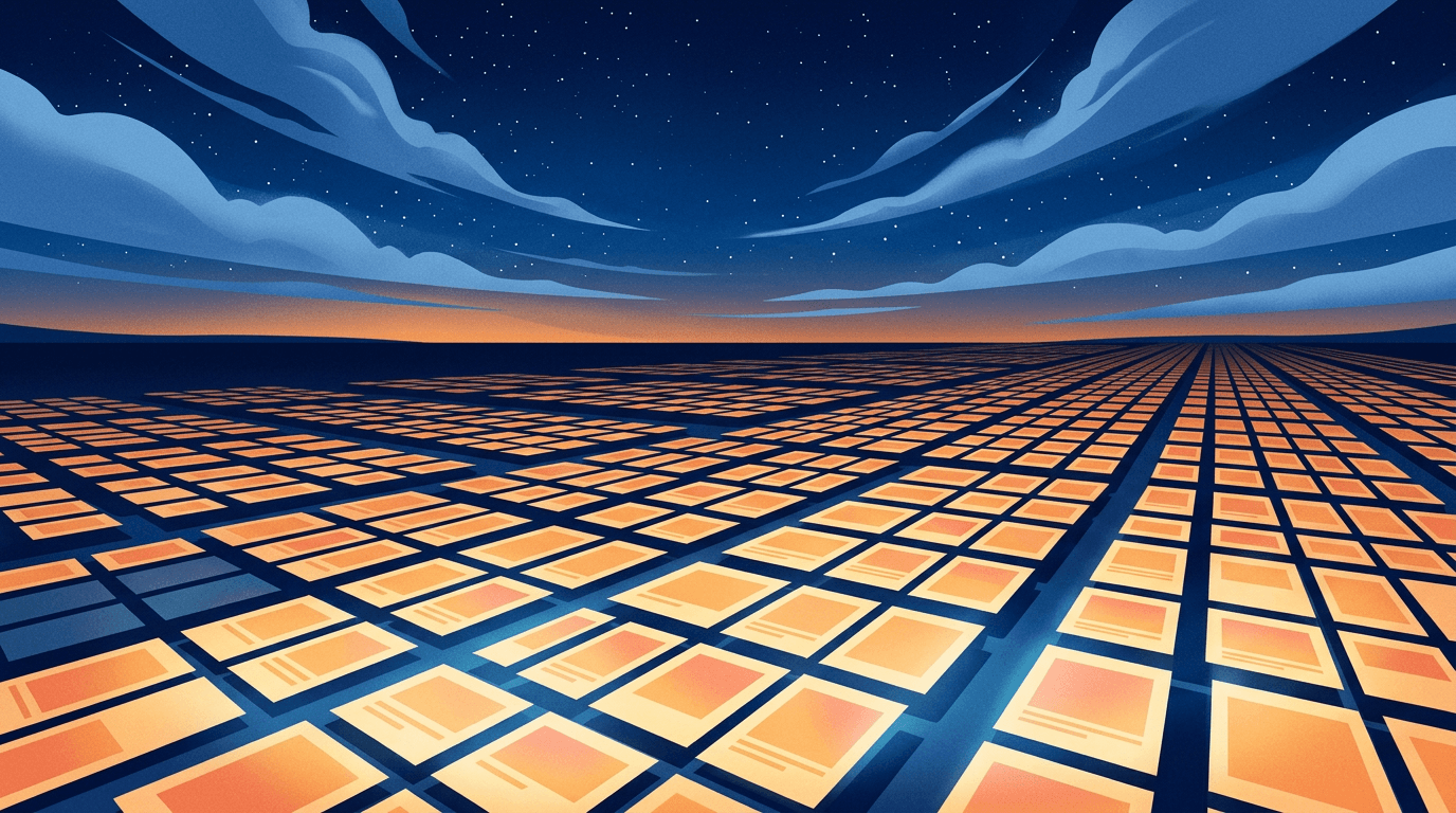 Infinite grid of glowing digital pages extending to the horizon, representing programmatic SEO at scale for B2C startups