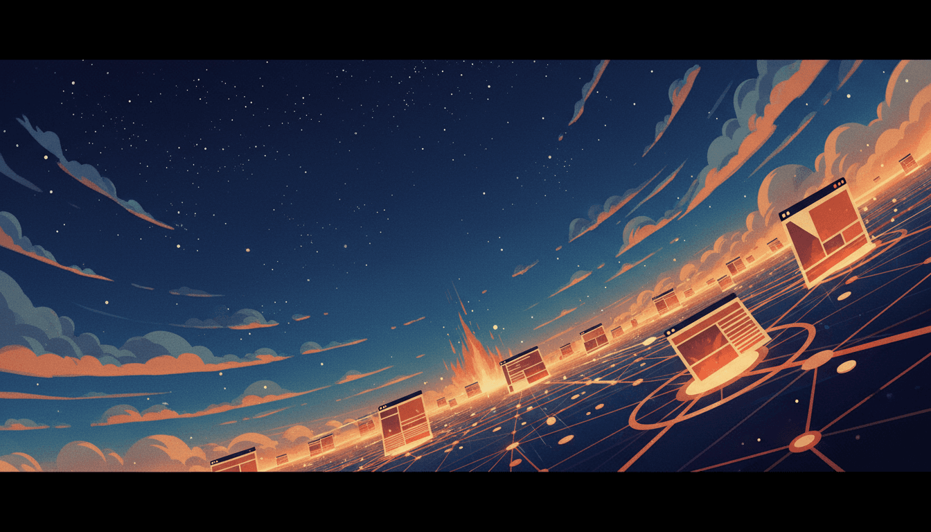 Stylized cinematic illustration of a glowing data network at grand scale against a deep blue starlit sky with amber accents, representing programmatic SEO at scale