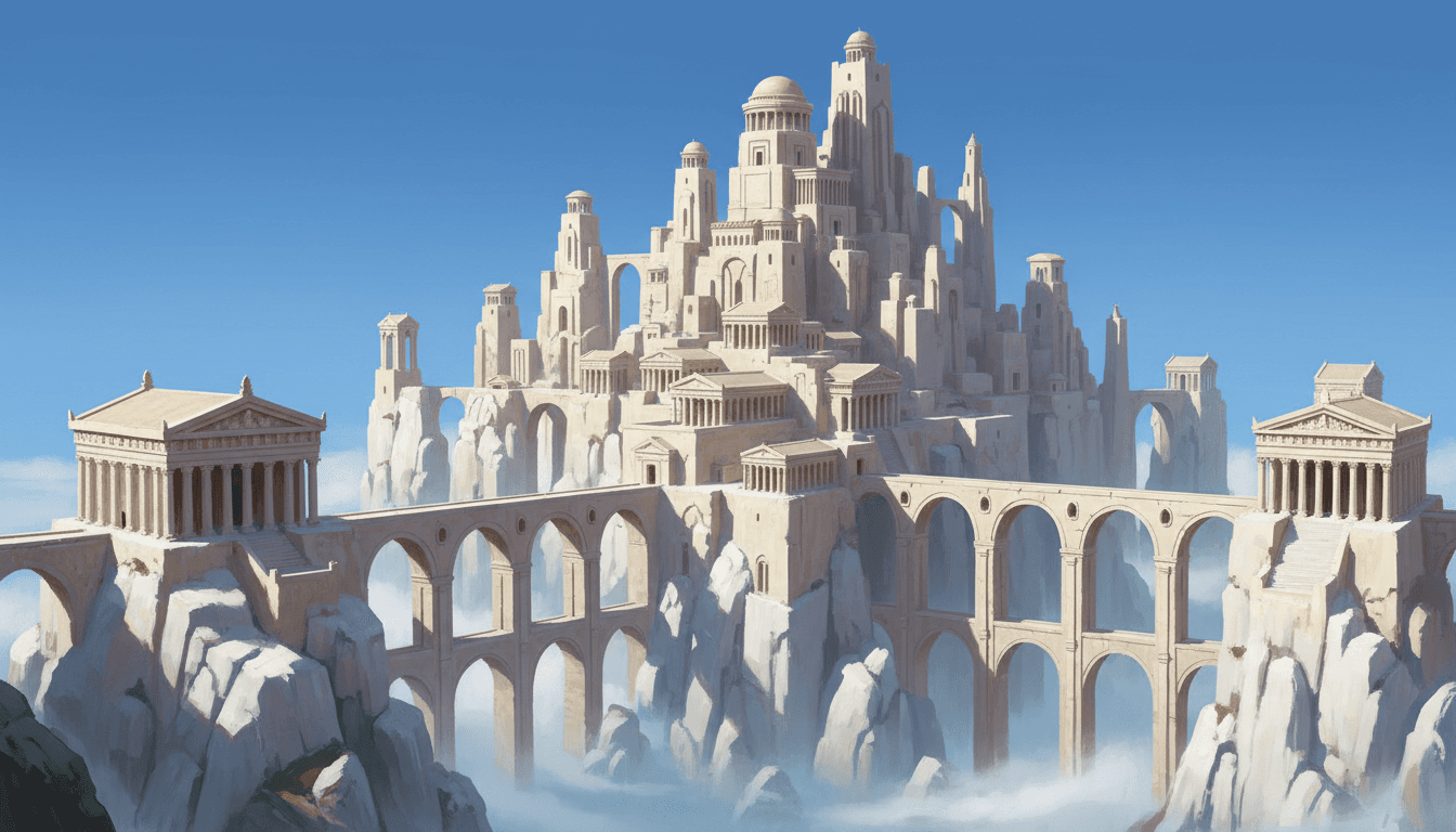 Ancient city of interconnected towers and aqueducts atop jagged white rocks, flat electric blue background, representing revenue operations automation