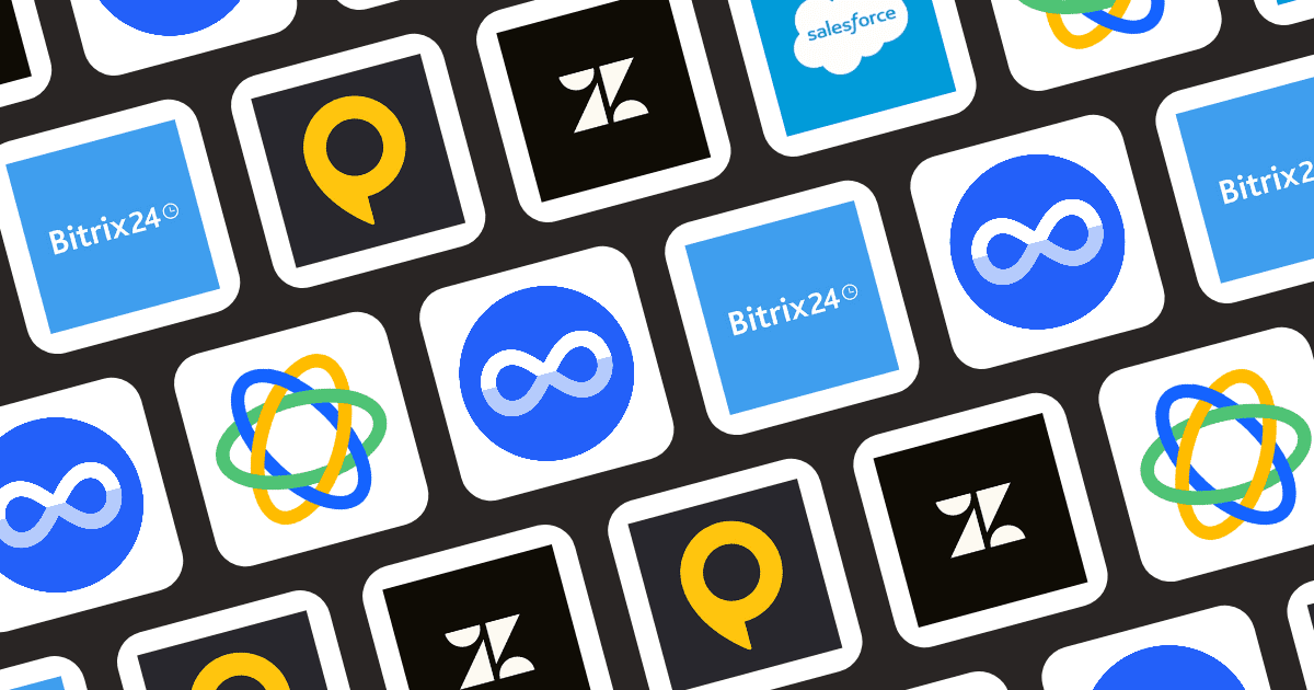 Grid of CRM platform logos including Close CRM, Bitrix24, Zendesk Sell, SPOTIO, Salesforce, and Miniloop