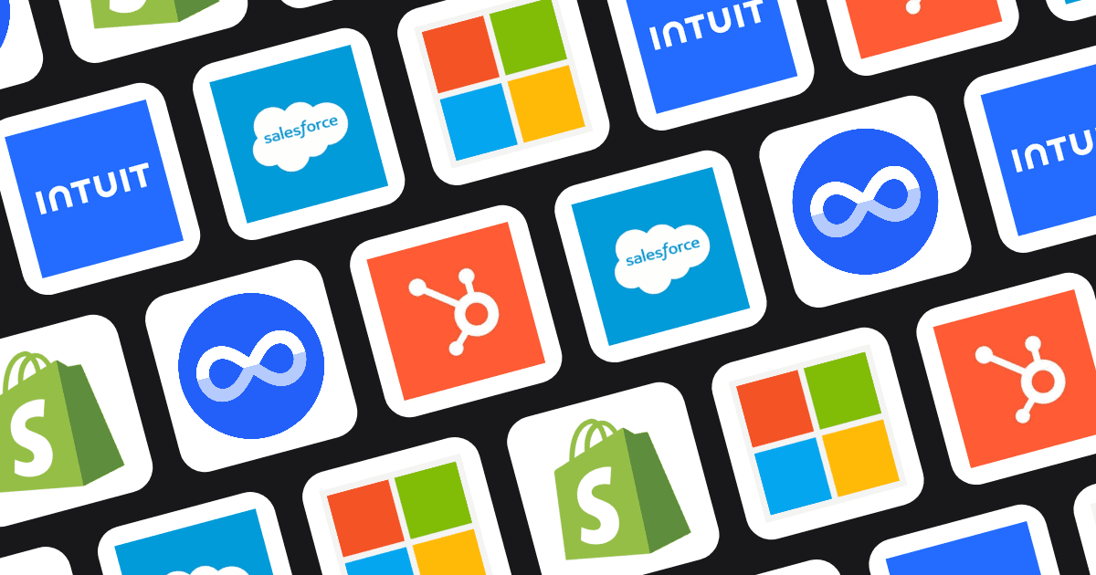 Icons of Salesforce, QuickBooks, Microsoft Dynamics 365, HubSpot, and Shopify, representing leading integration platforms.