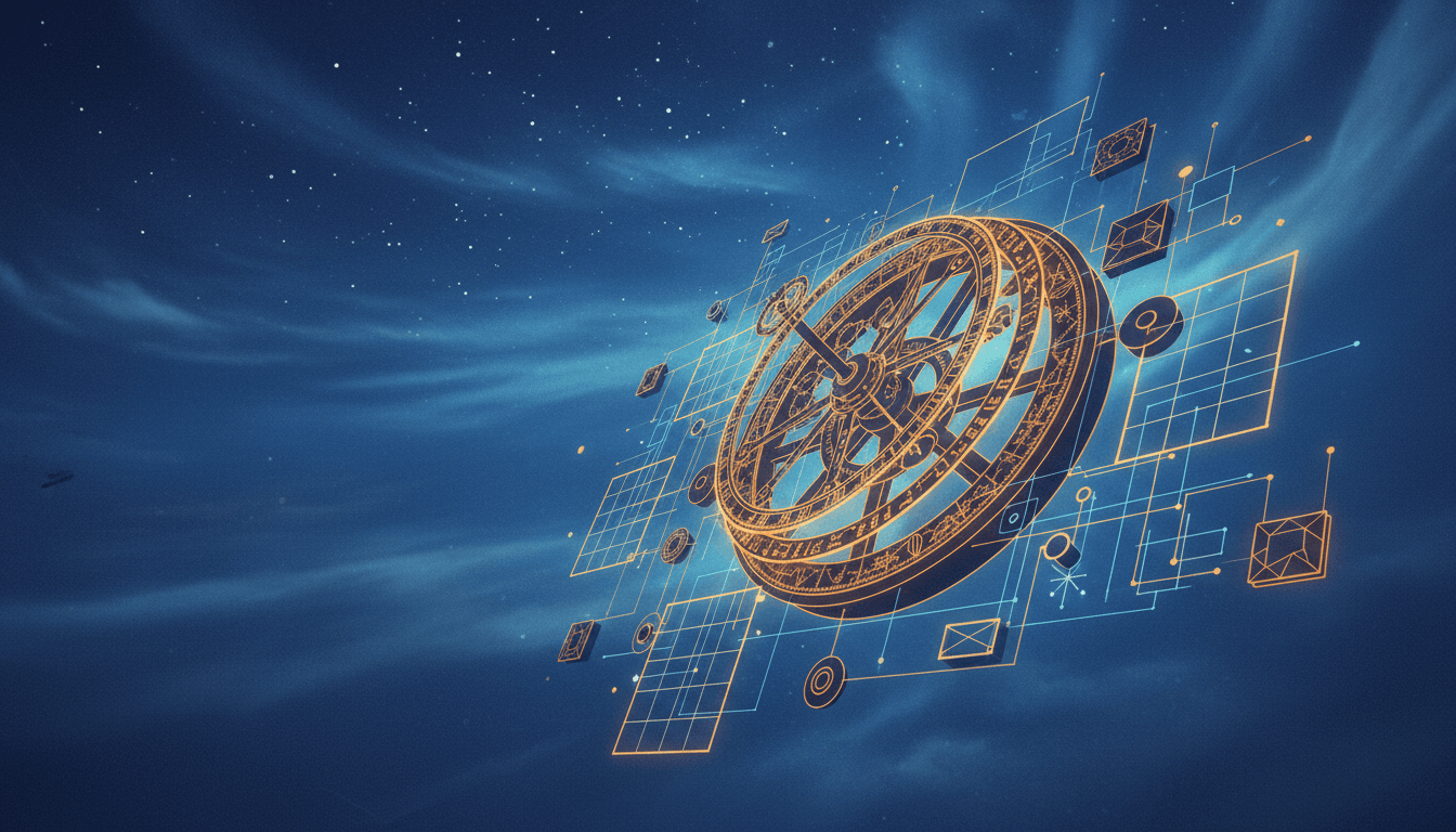Stylized compass and geometric grid lines representing SEO strategy and topical authority