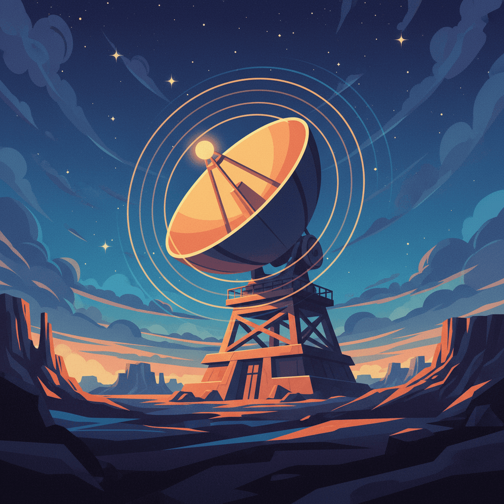 Signal-based outreach illustration — radar waves radiating across a dark landscape