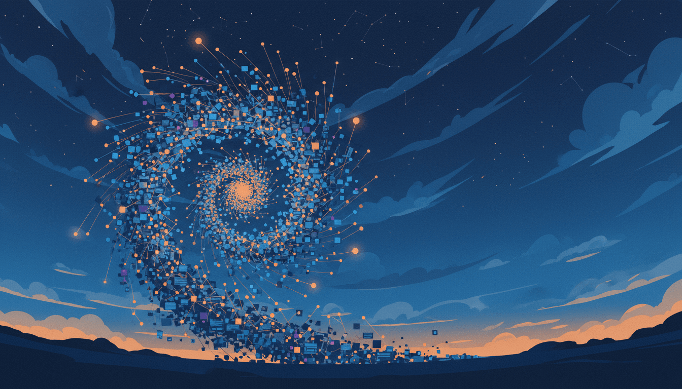 Abstract illustration of an interconnected social media content network expanding outward against a deep blue and amber sky